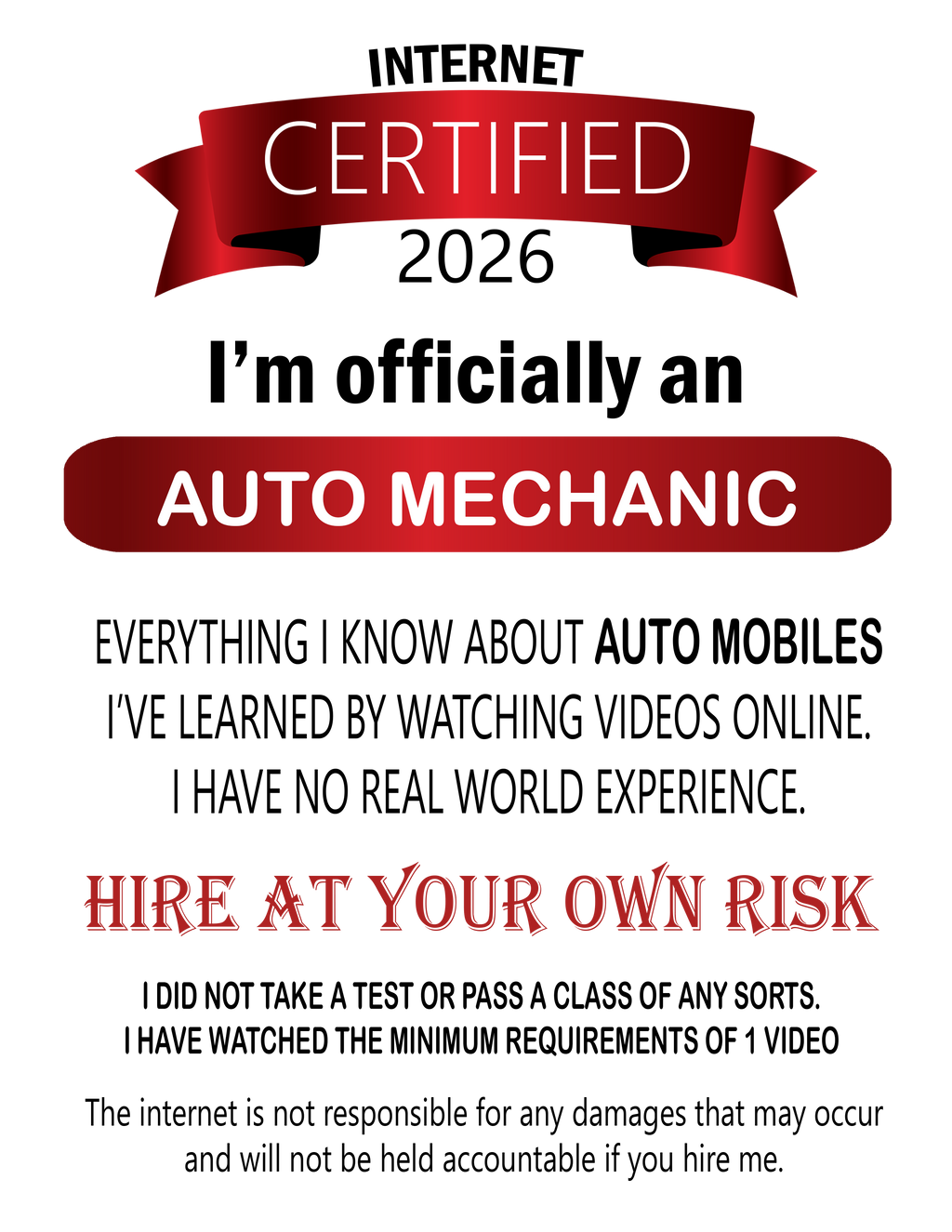 Mechanic Celebrates Internet Certified Tee — Funny Auto Shop Crew Shirt